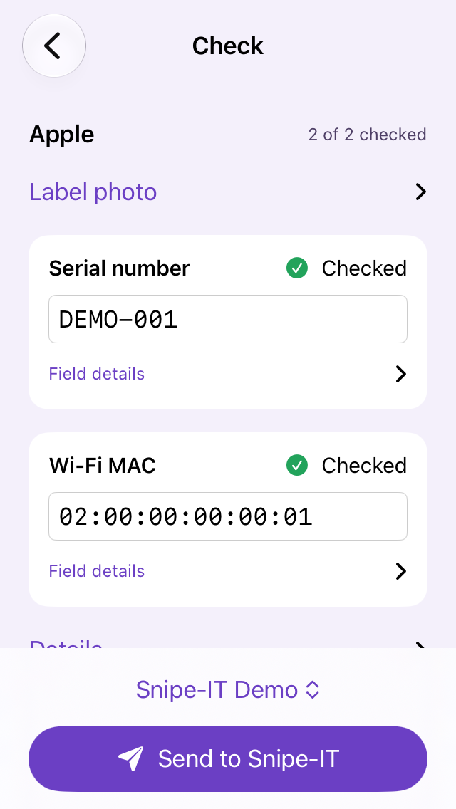 Review screen with a demo serial and Wi-Fi MAC marked Checked and a Send to Snipe-IT button.