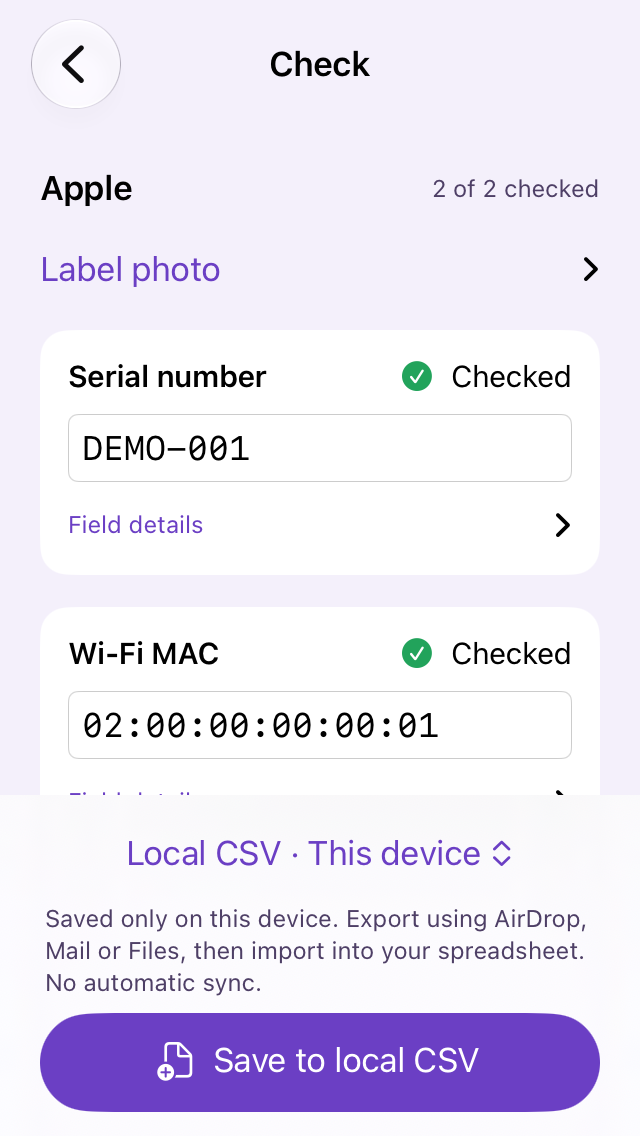 Review screen with Local CSV selected, a local-only notice and a Save to local CSV button.