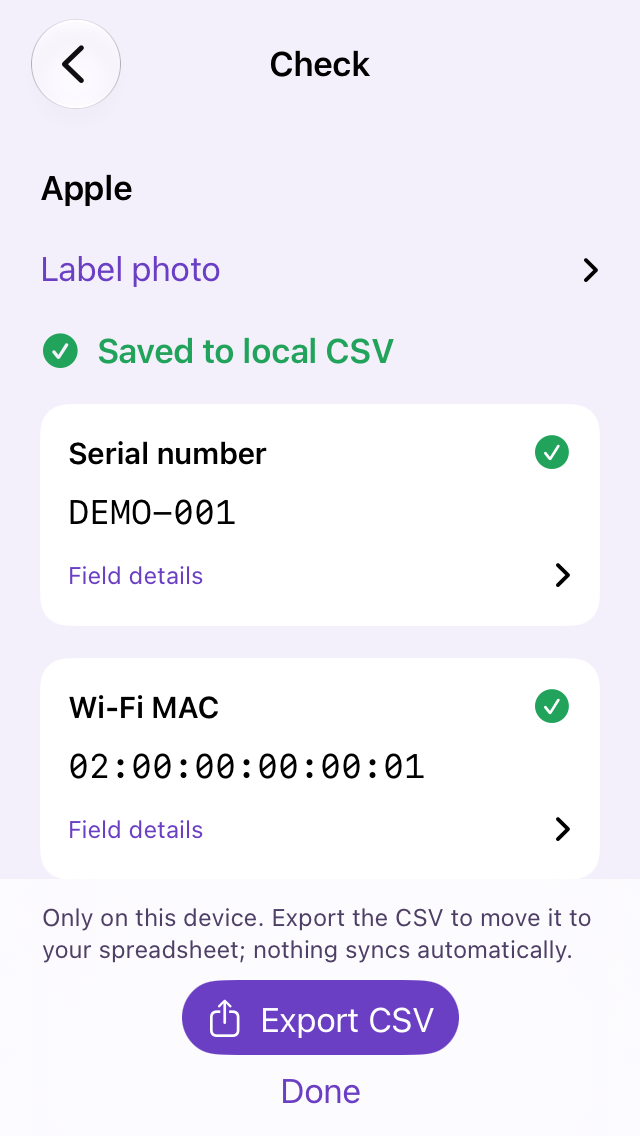Saved local CSV screen with demo fields and an Export CSV button.